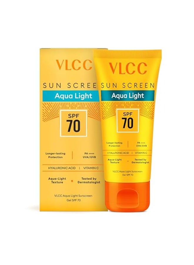 فى ال سي سي جل واقي من الشمس VLCC Aqua Light بعامل حماية SPF 70 PA++++ | حماية فائقة من الأشعة فوق البنفسجية لجميع أنواع البشرة | لا يترك طبقة بيضاء | غير دهني، سريع الامتصاص | حمض الهيالورونيك وفيتامين سي | مقاوم للعرق والرطوبة - 100 غرام - Image 2